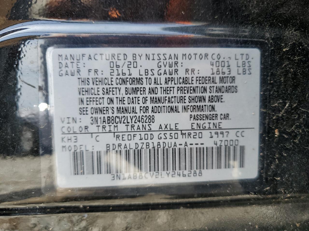 2020 Nissan Sentra Sv VIN: 3N1AB8CV2LY246288 Lot: 56668555