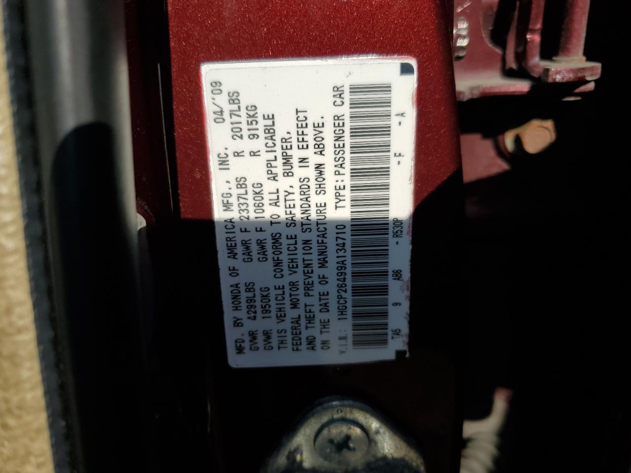 2009 Honda Accord Lxp VIN: 1HGCP26499A134710 Lot: 55172165