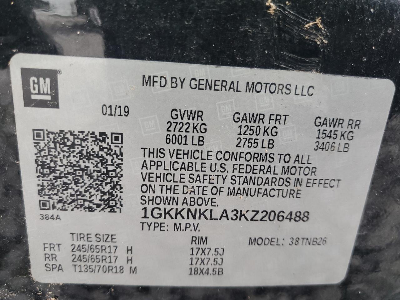 2019 GMC Acadia Sle VIN: 1GKKNKLA3KZ206488 Lot: 58760775