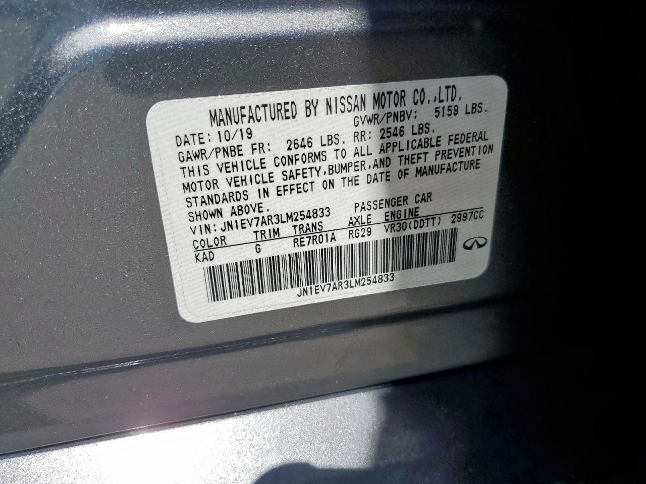 2020 Infiniti Q50 Pure VIN: JN1EV7AR3LM254833 Lot: 56284785