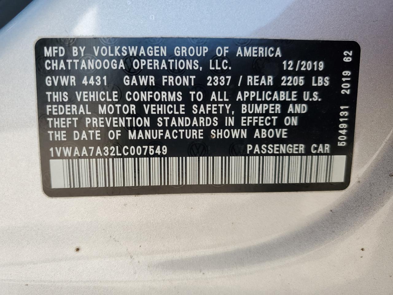 2020 Volkswagen Passat S VIN: 1VWAA7A32LC007549 Lot: 56415615