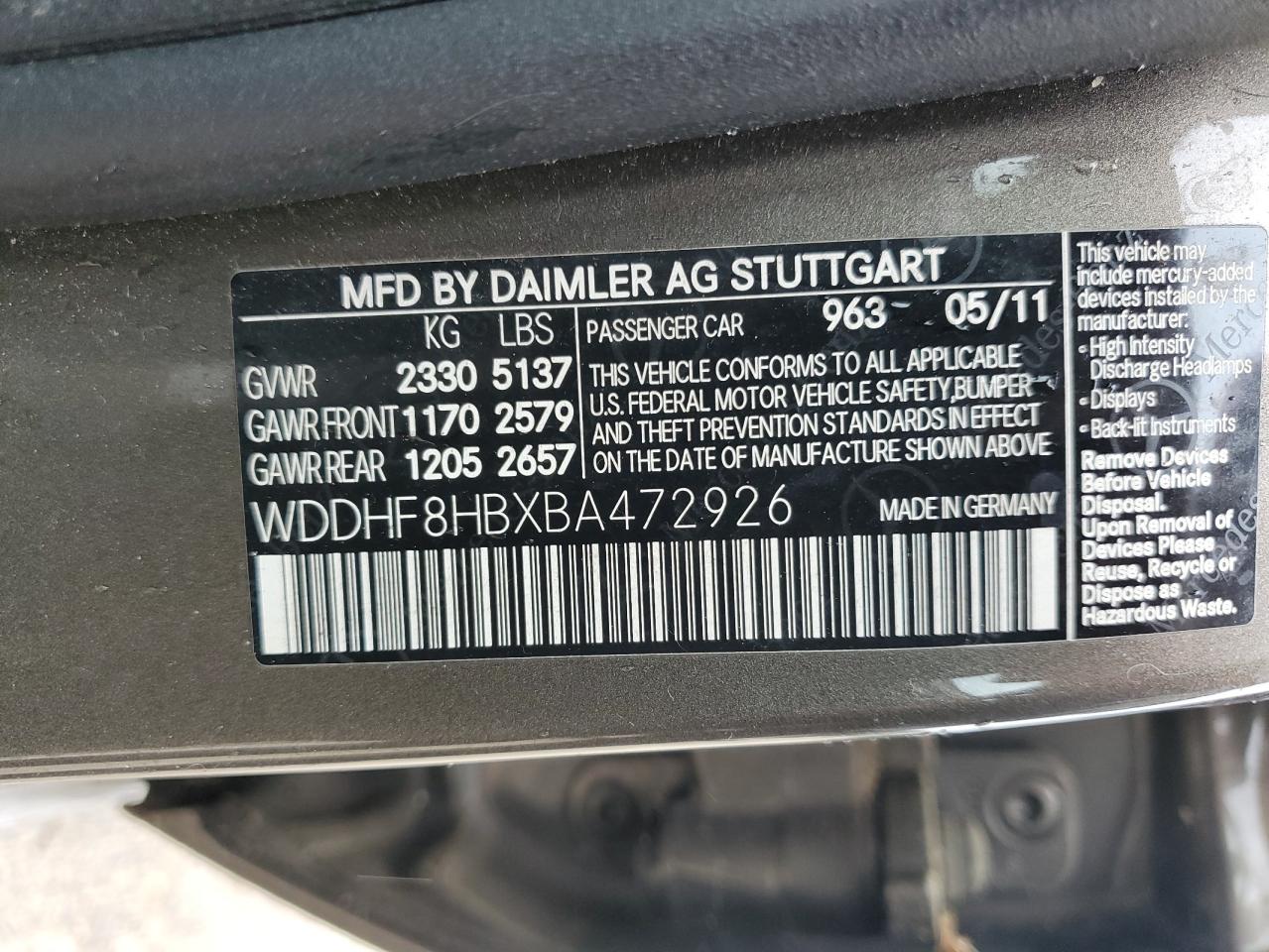 2011 Mercedes-Benz E 350 4Matic VIN: WDDHF8HBXBA472926 Lot: 58619115