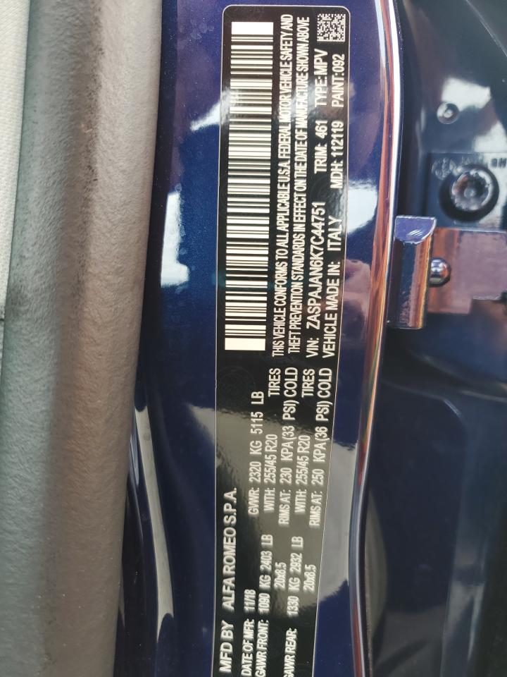 2019 Alfa Romeo Stelvio VIN: ZASPAJAN6K7C44751 Lot: 55618895