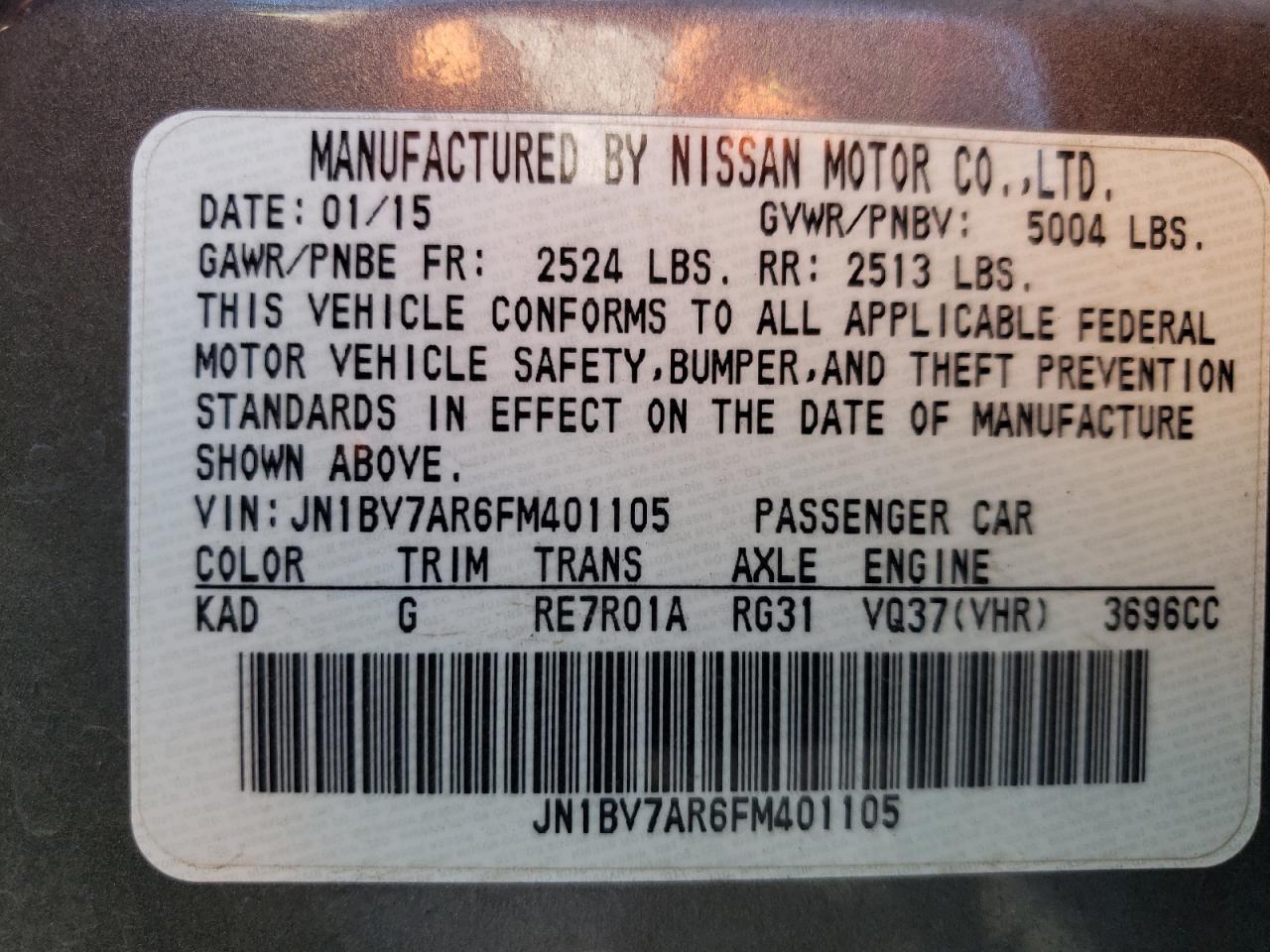 2015 Infiniti Q50 Base VIN: JN1BV7AR6FM401105 Lot: 56982265