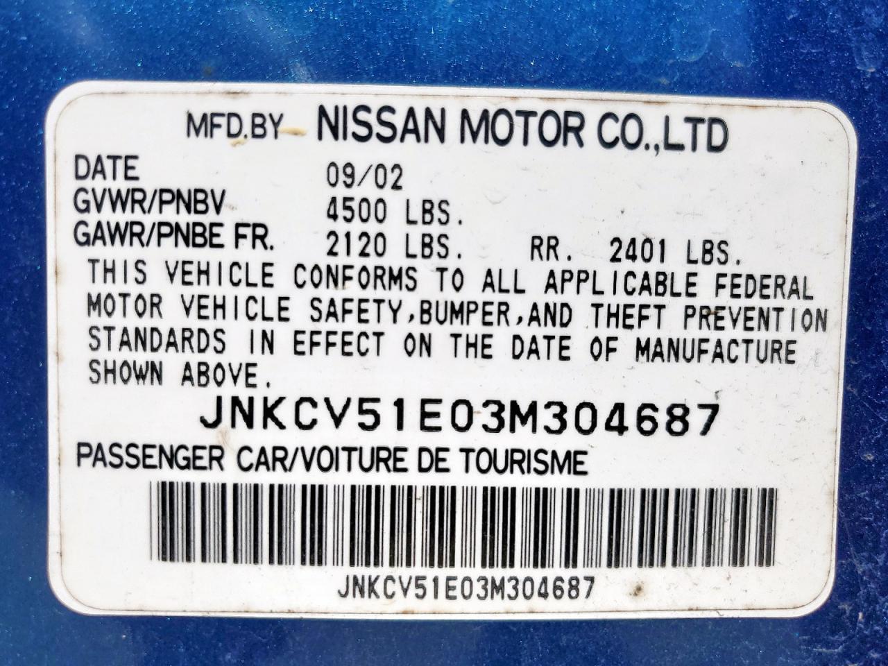 2003 Infiniti G35 VIN: JNKCV51E03M304687 Lot: 58992855