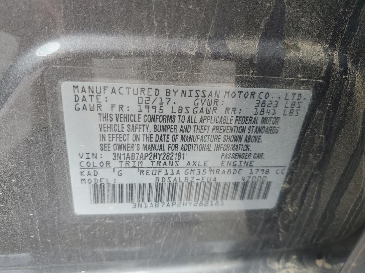 2017 Nissan Sentra S VIN: 3N1AB7AP2HY282181 Lot: 57028935