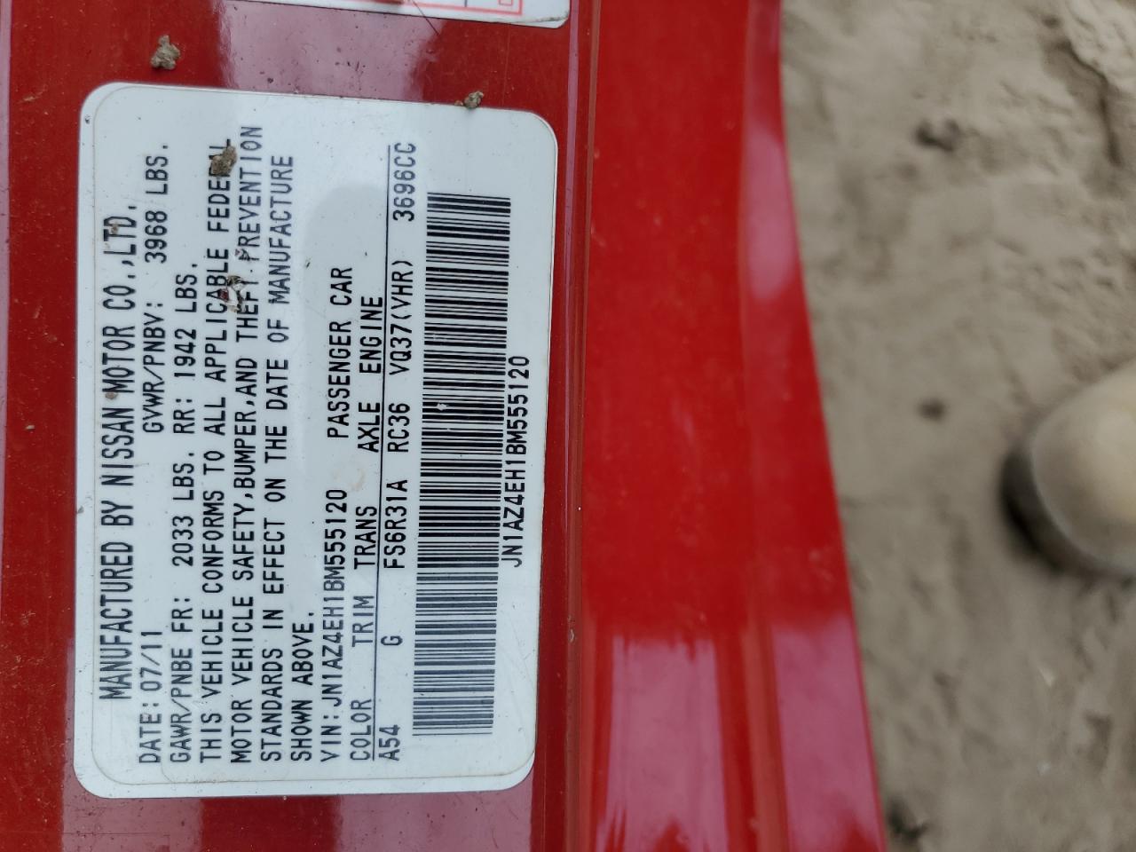 2011 Nissan 370Z Base VIN: JN1AZ4EH1BM555120 Lot: 55892775