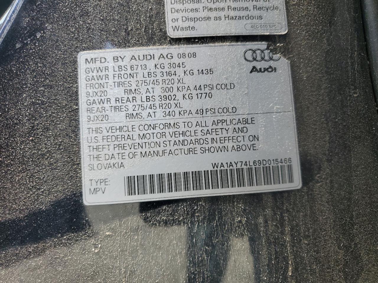 2009 Audi Q7 3.6 Quattro VIN: WA1AY74L69D015466 Lot: 57753265