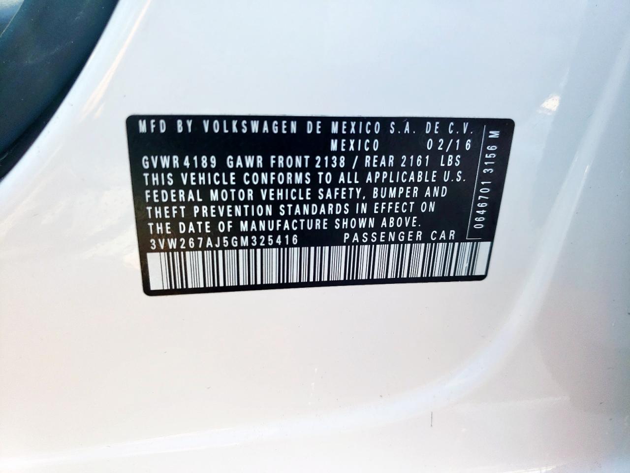 2016 Volkswagen Jetta S VIN: 3VW267AJ5GM325416 Lot: 58017585