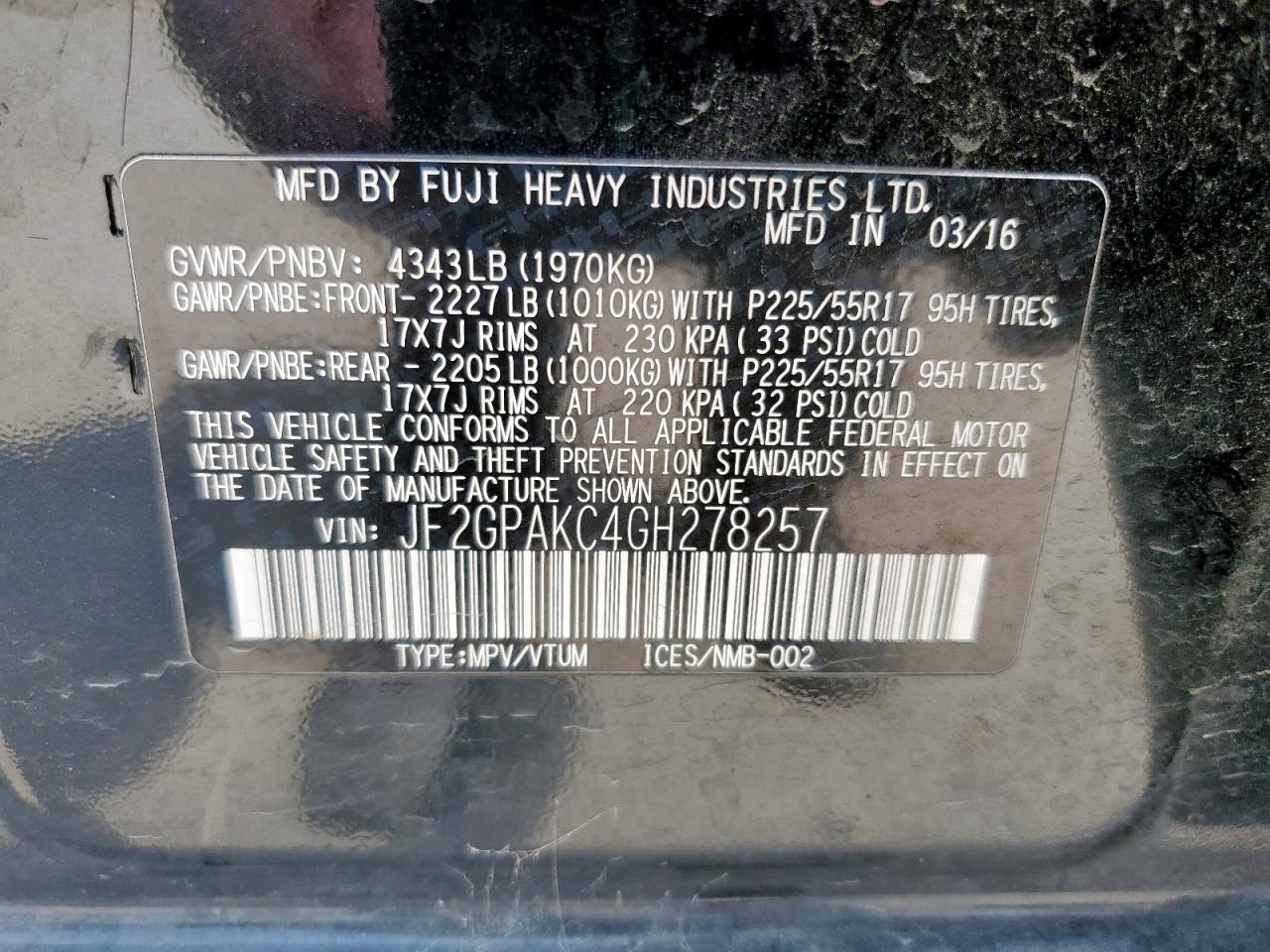 2016 Subaru Crosstrek Limited VIN: JF2GPAKC4GH278257 Lot: 57138165