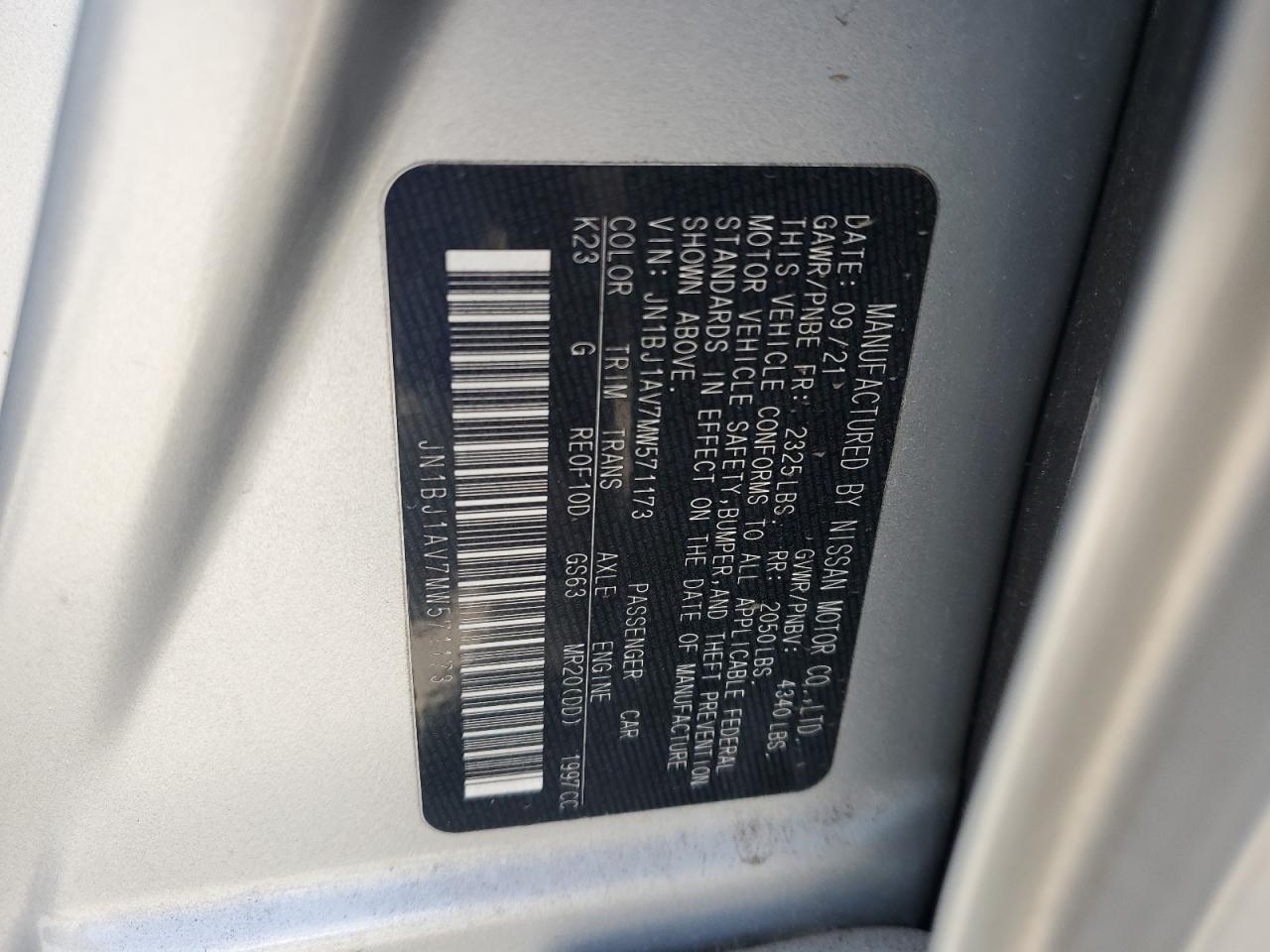 2021 Nissan Rogue Sport S VIN: JN1BJ1AV7MW571173 Lot: 56503835
