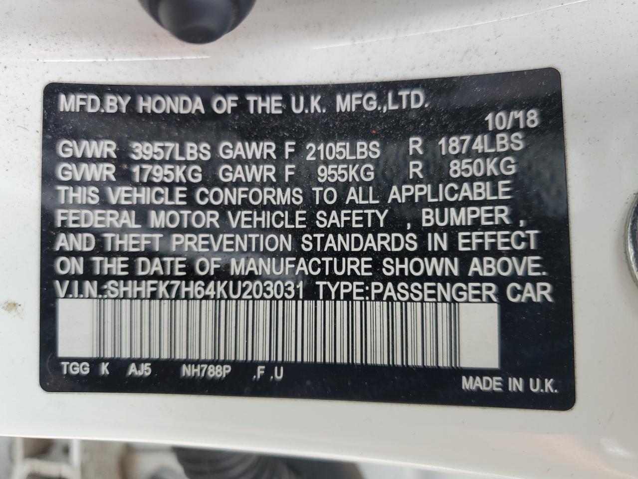 2019 Honda Civic Ex VIN: SHHFK7H64KU203031 Lot: 55799095