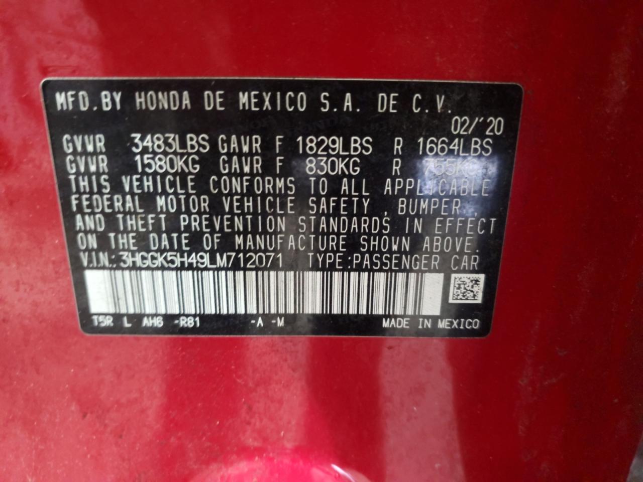 2020 Honda Fit Lx VIN: 3HGGK5H49LM712071 Lot: 58501545