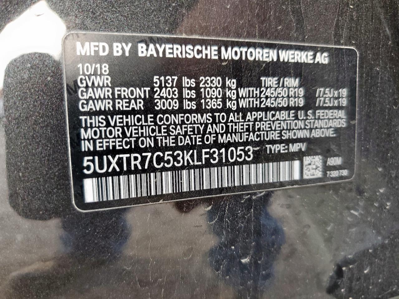 2019 BMW X3 Sdrive30I VIN: 5UXTR7C53KLF31053 Lot: 57250795
