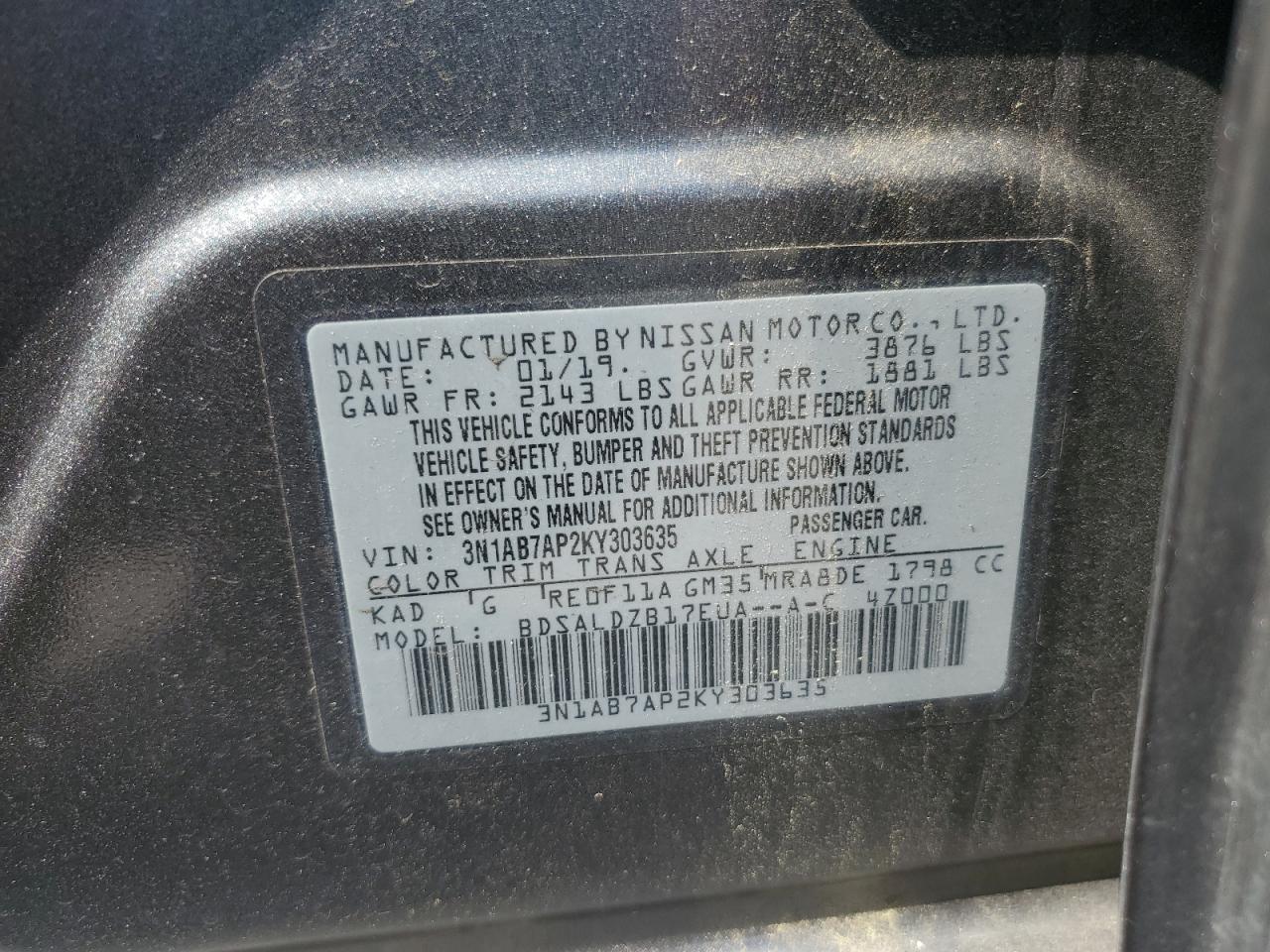 2019 Nissan Sentra S VIN: 3N1AB7AP2KY303635 Lot: 56397585