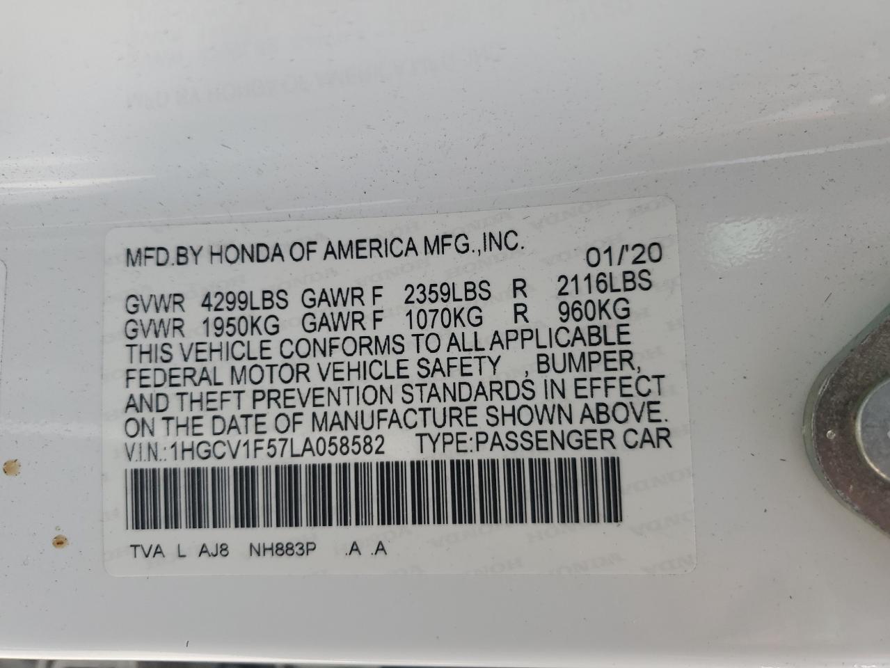 2020 Honda Accord Exl VIN: 1HGCV1F57LA058582 Lot: 59039735