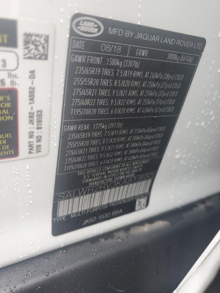 2019 Land Rover Range Rover Sport Hse VIN: SALWR2RV3KA819553 Lot: 56620295