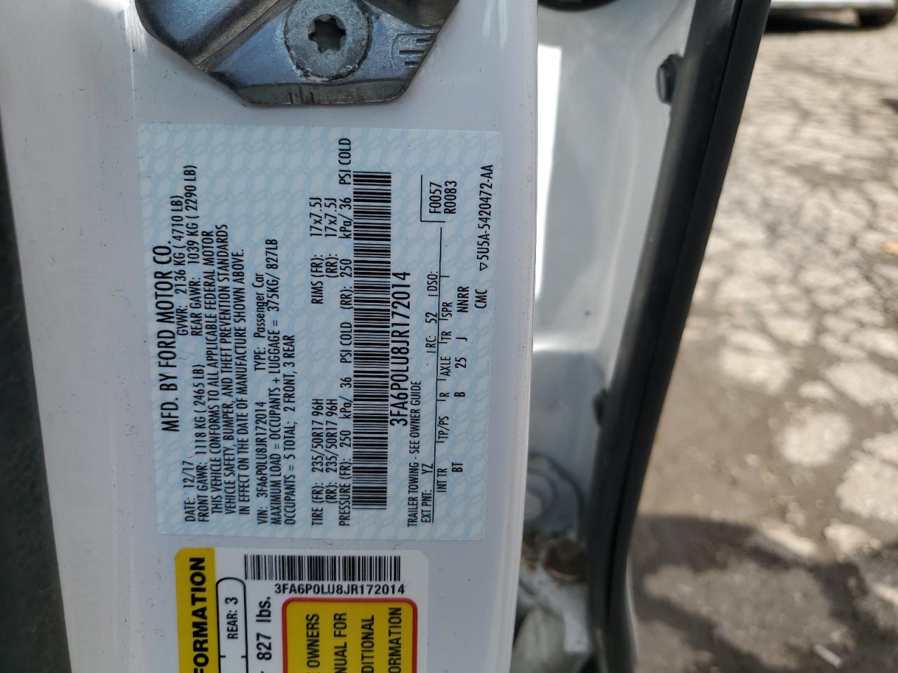 2018 Ford Fusion Se Hybrid VIN: 3FA6P0LU8JR172014 Lot: 54041975