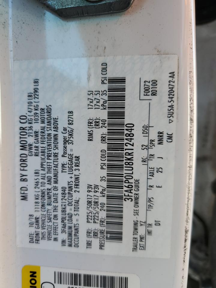 2019 Ford Fusion Se VIN: 3FA6P0LU8KR124840 Lot: 54039965