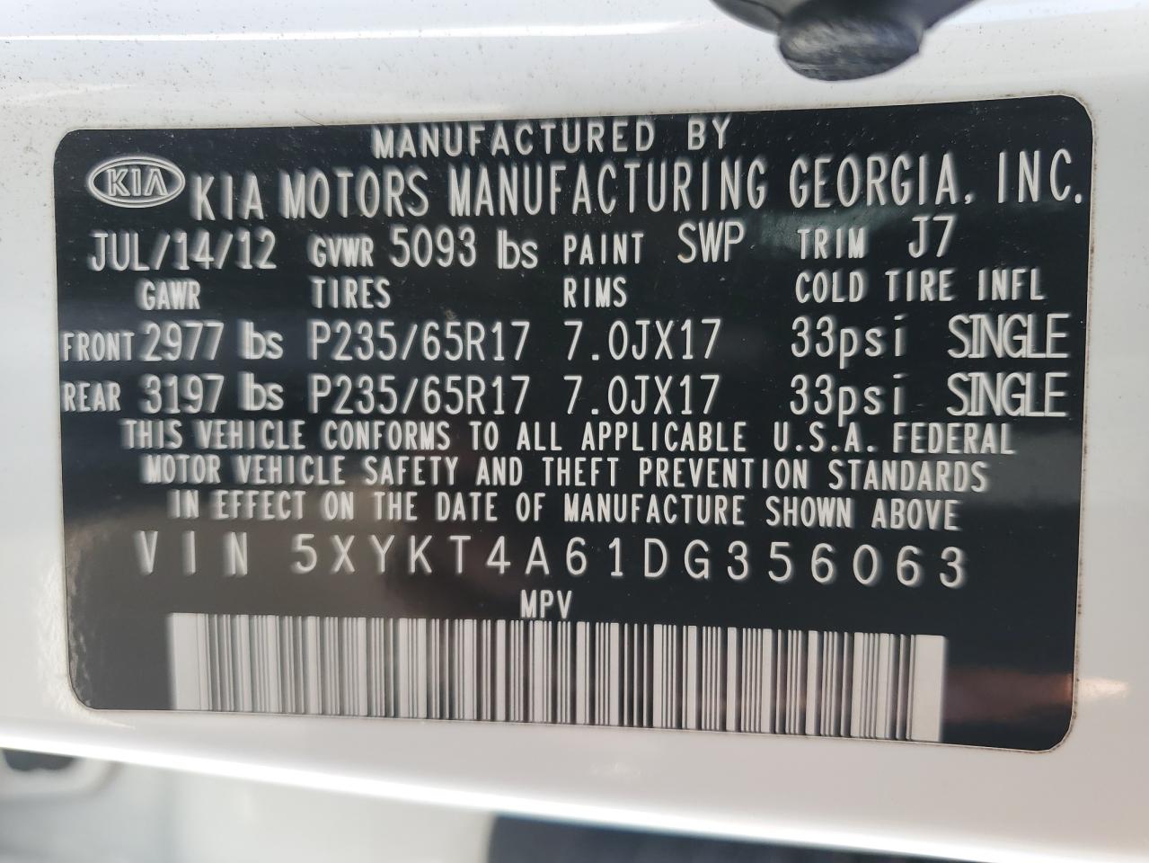 2013 Kia Sorento Lx VIN: 5XYKT4A61DG356063 Lot: 57781775
