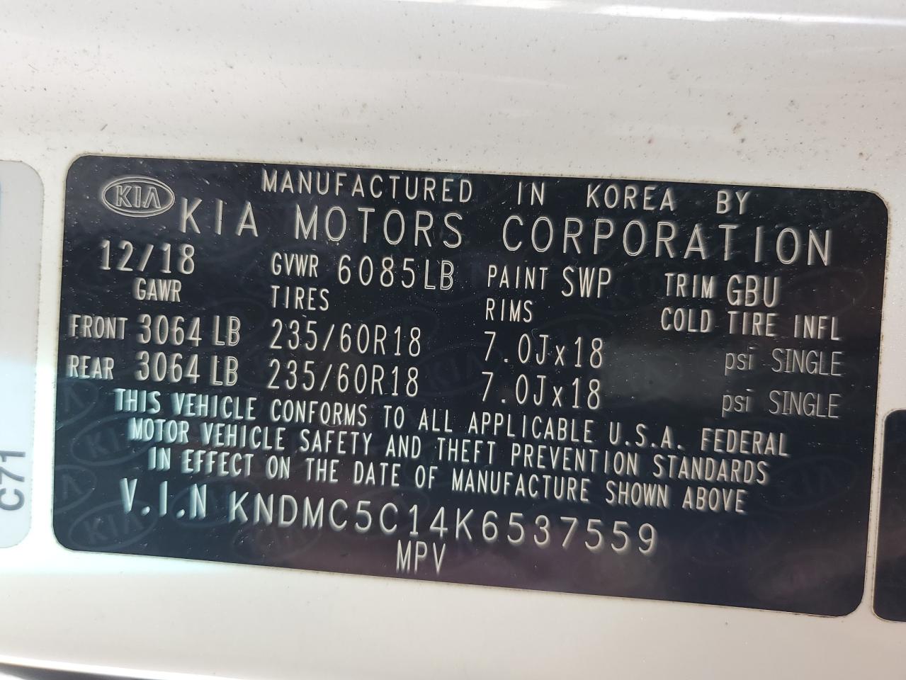 2019 Kia Sedona Ex VIN: KNDMC5C14K6537559 Lot: 56557255