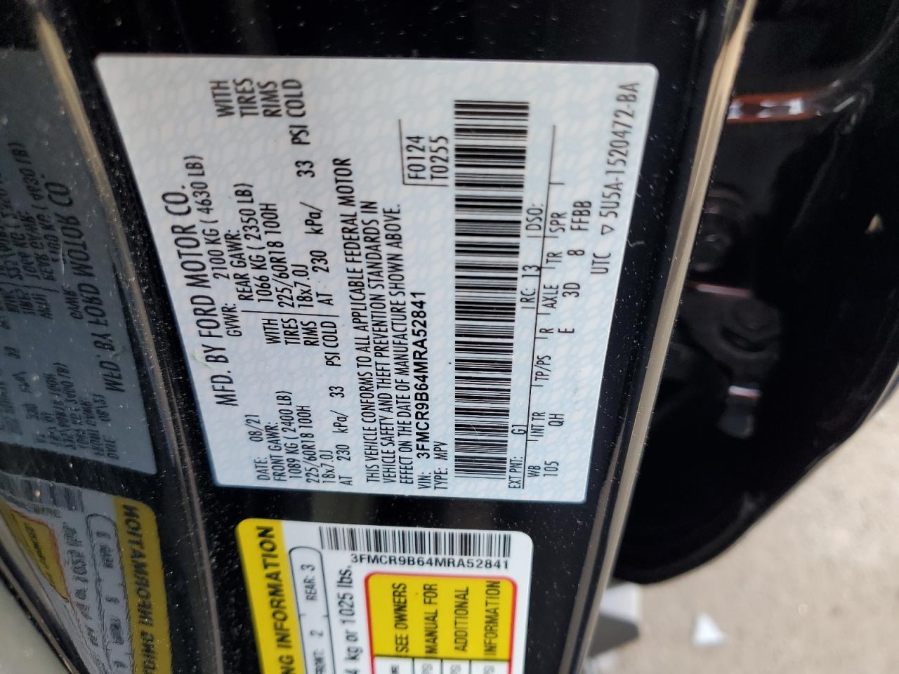 2021 Ford Bronco Sport Big Bend VIN: 3FMCR9B64MRA52841 Lot: 56356115