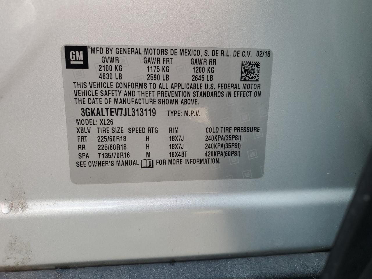 2018 GMC Terrain Sle VIN: 3GKALTEV7JL313119 Lot: 57300225