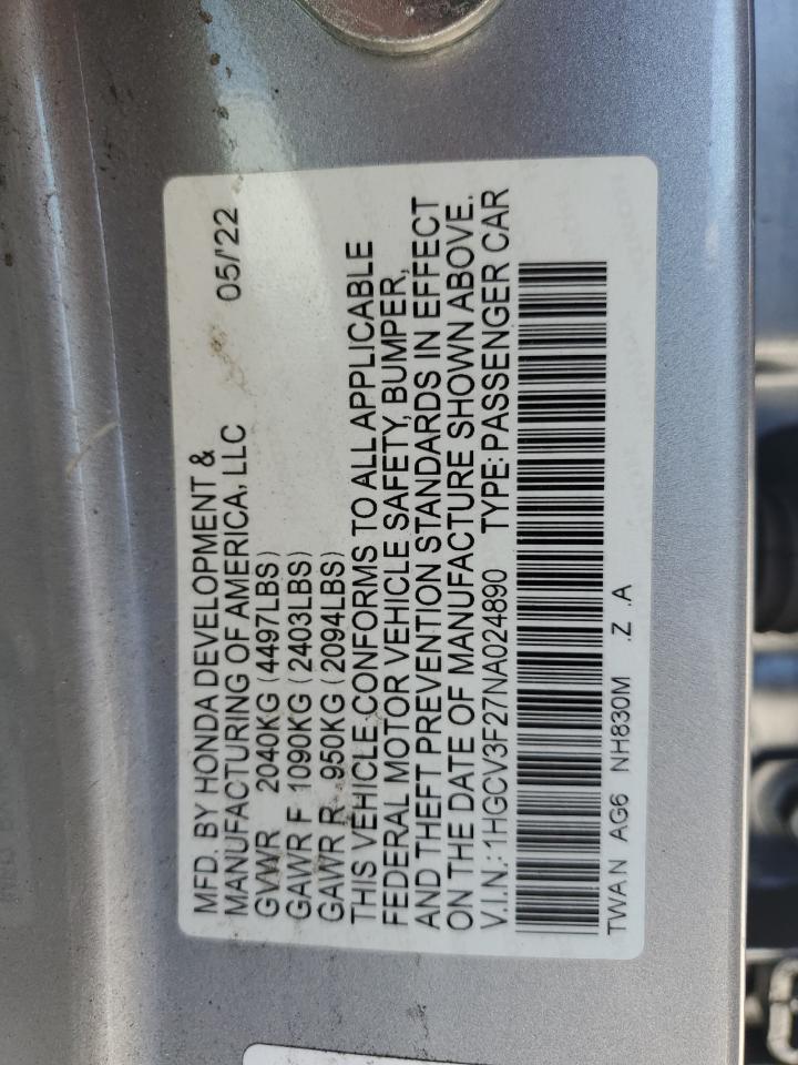 2022 Honda Accord Hybrid Sport VIN: 1HGCV3F27NA024890 Lot: 56868425