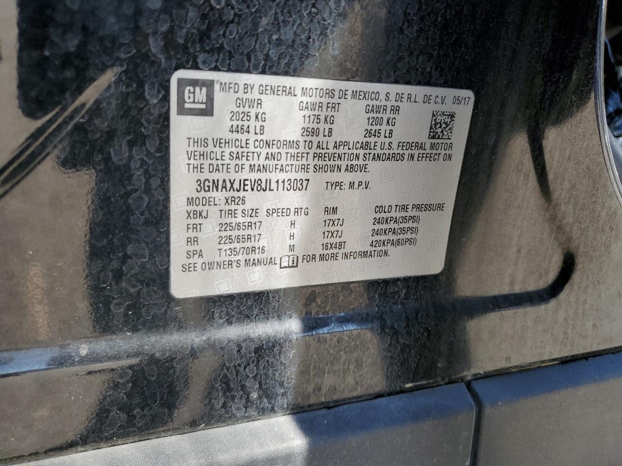 2018 Chevrolet Equinox Lt VIN: 3GNAXJEV8JL113037 Lot: 58070685
