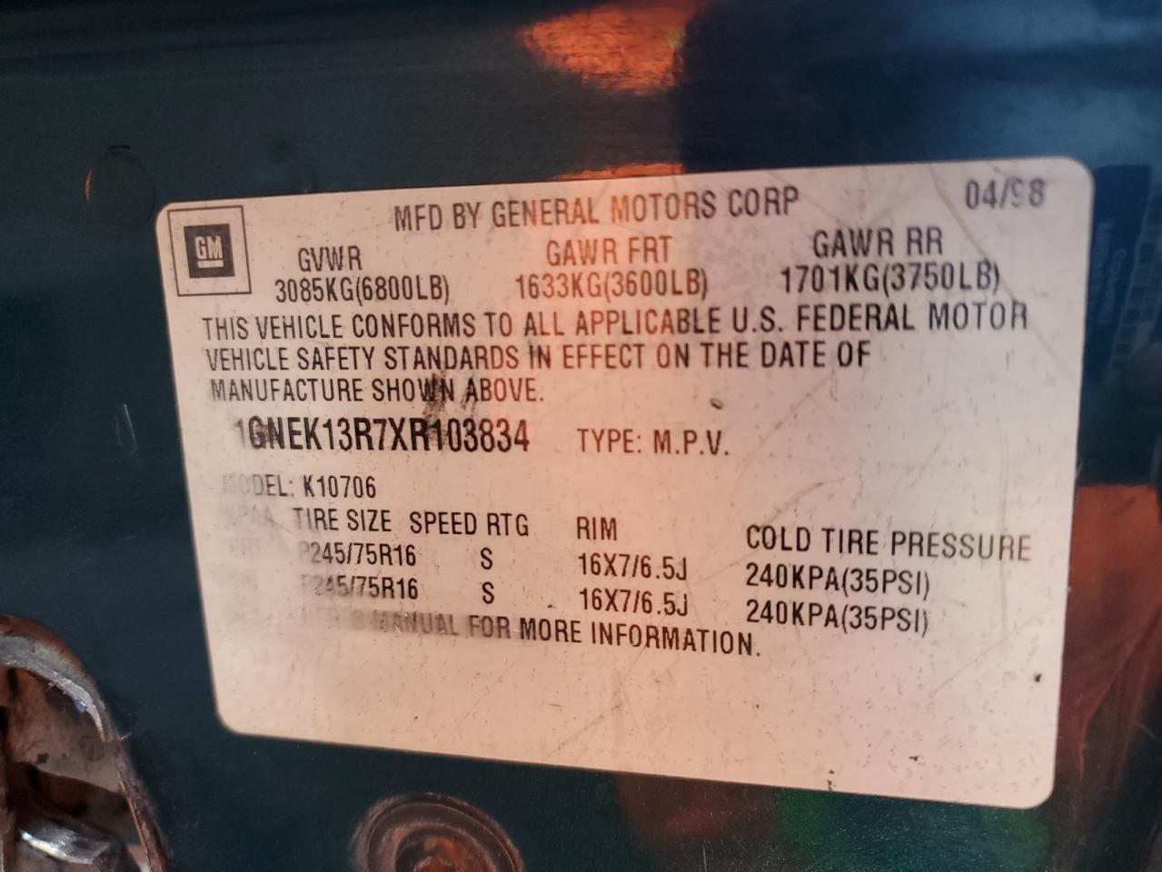 1999 Chevrolet Tahoe K1500 VIN: 1GNEK13R7XR103834 Lot: 56724045