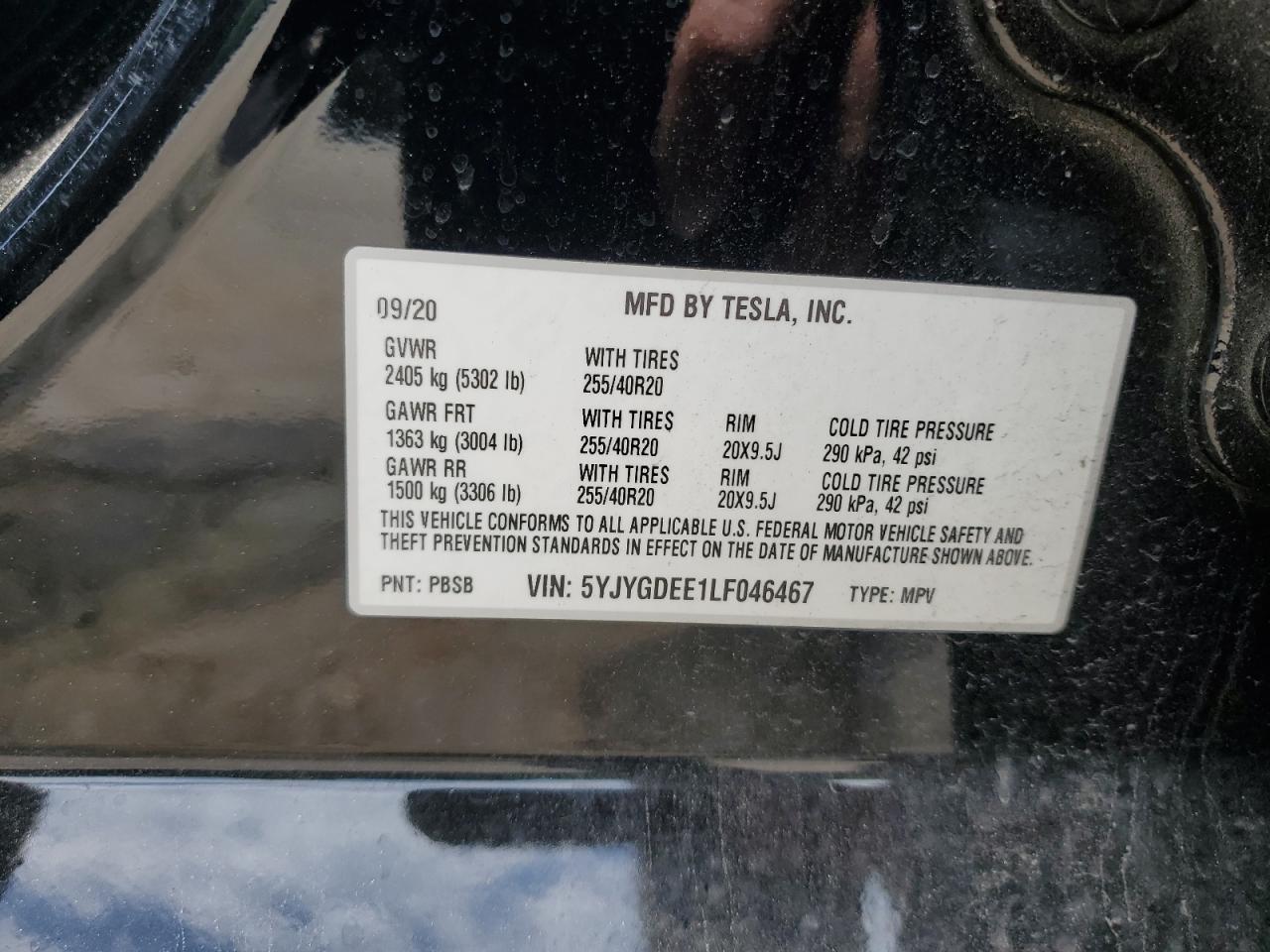 2020 Tesla Model Y VIN: 5YJYGDEE1LF046467 Lot: 56554075