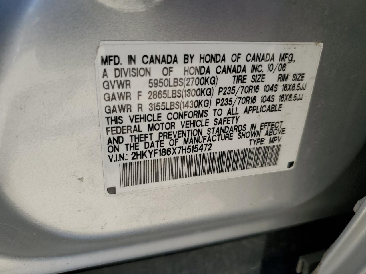 2007 Honda Pilot Exl VIN: 2HKYF186X7H515472 Lot: 57350235