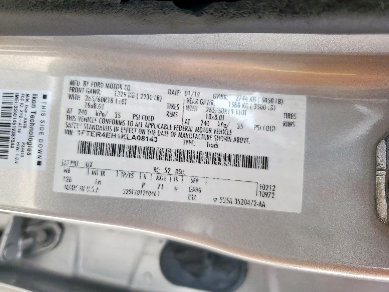 2019 Ford Ranger Xl VIN: 1FTER4EH1KLA08143 Lot: 58707145