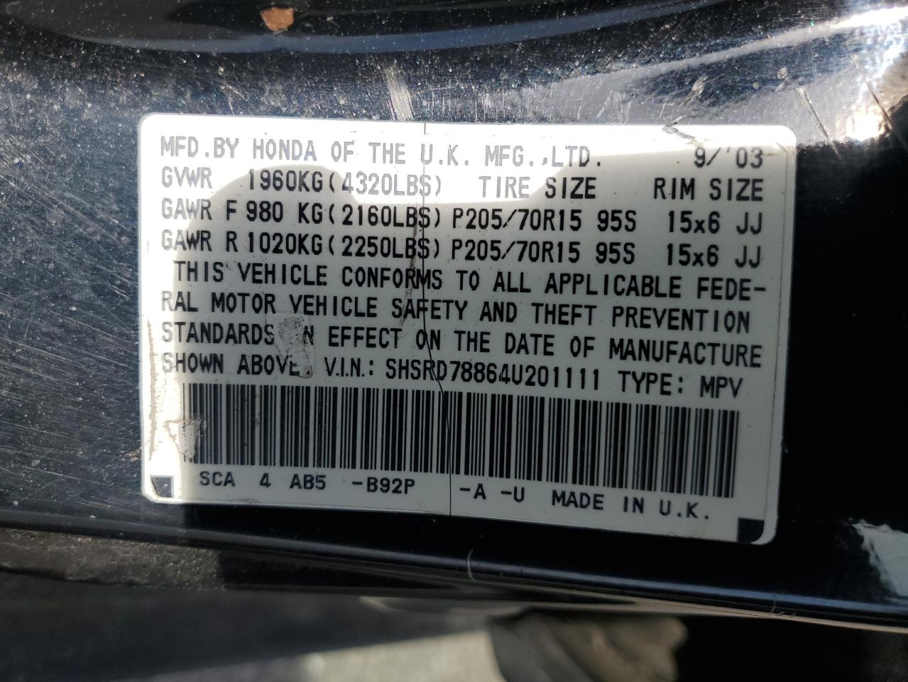 2004 Honda Cr-V Ex VIN: SHSRD78864U201111 Lot: 56479895