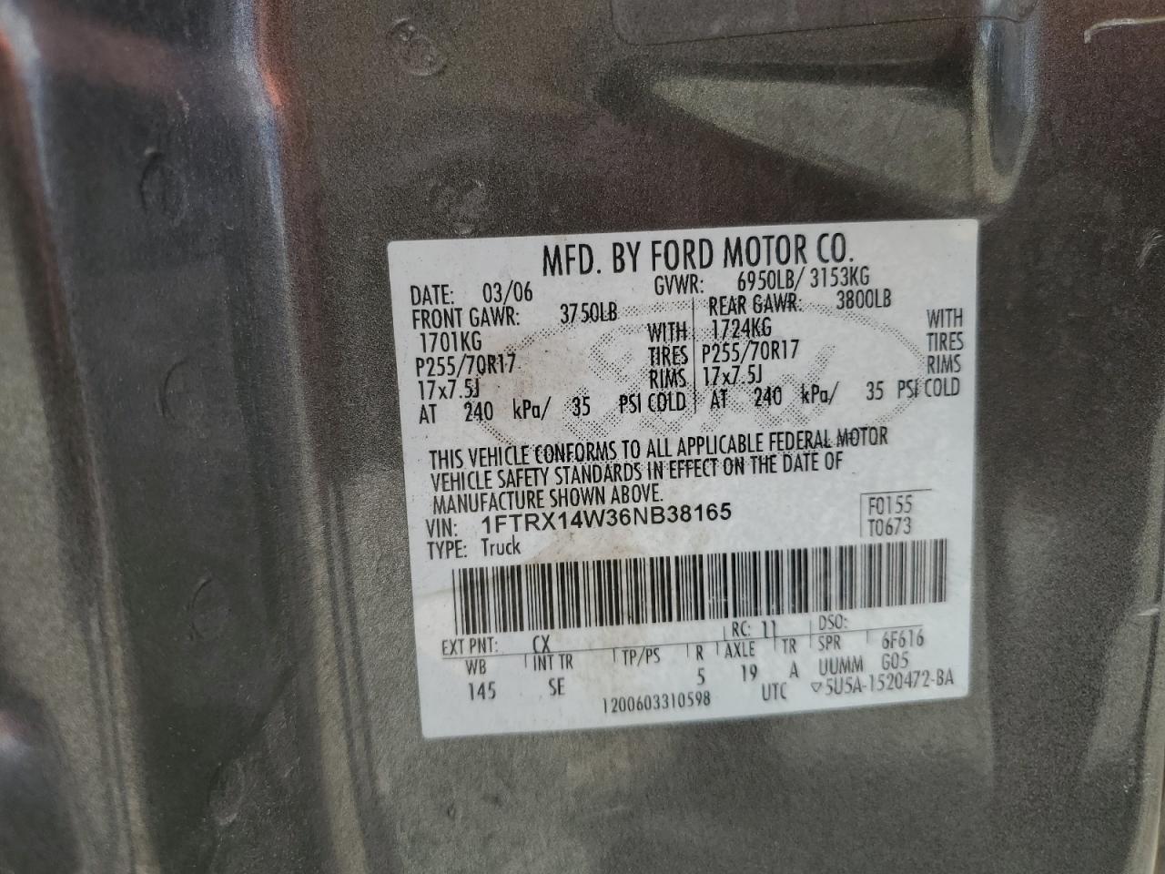 2006 Ford F150 VIN: 1FTRX14W36NB38165 Lot: 56400845