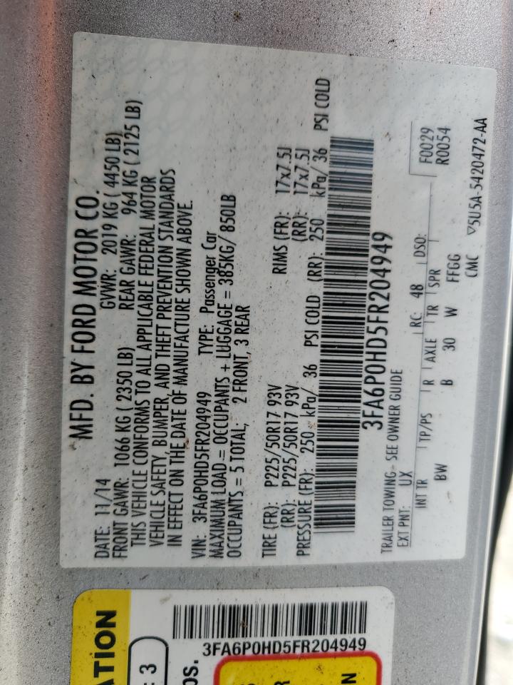 2015 Ford Fusion Se VIN: 3FA6P0HD5FR204949 Lot: 56845055