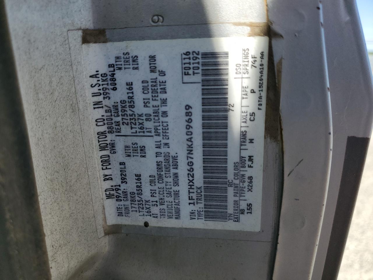 1992 Ford F250 VIN: 1FTHX26G7NKA09689 Lot: 55904895