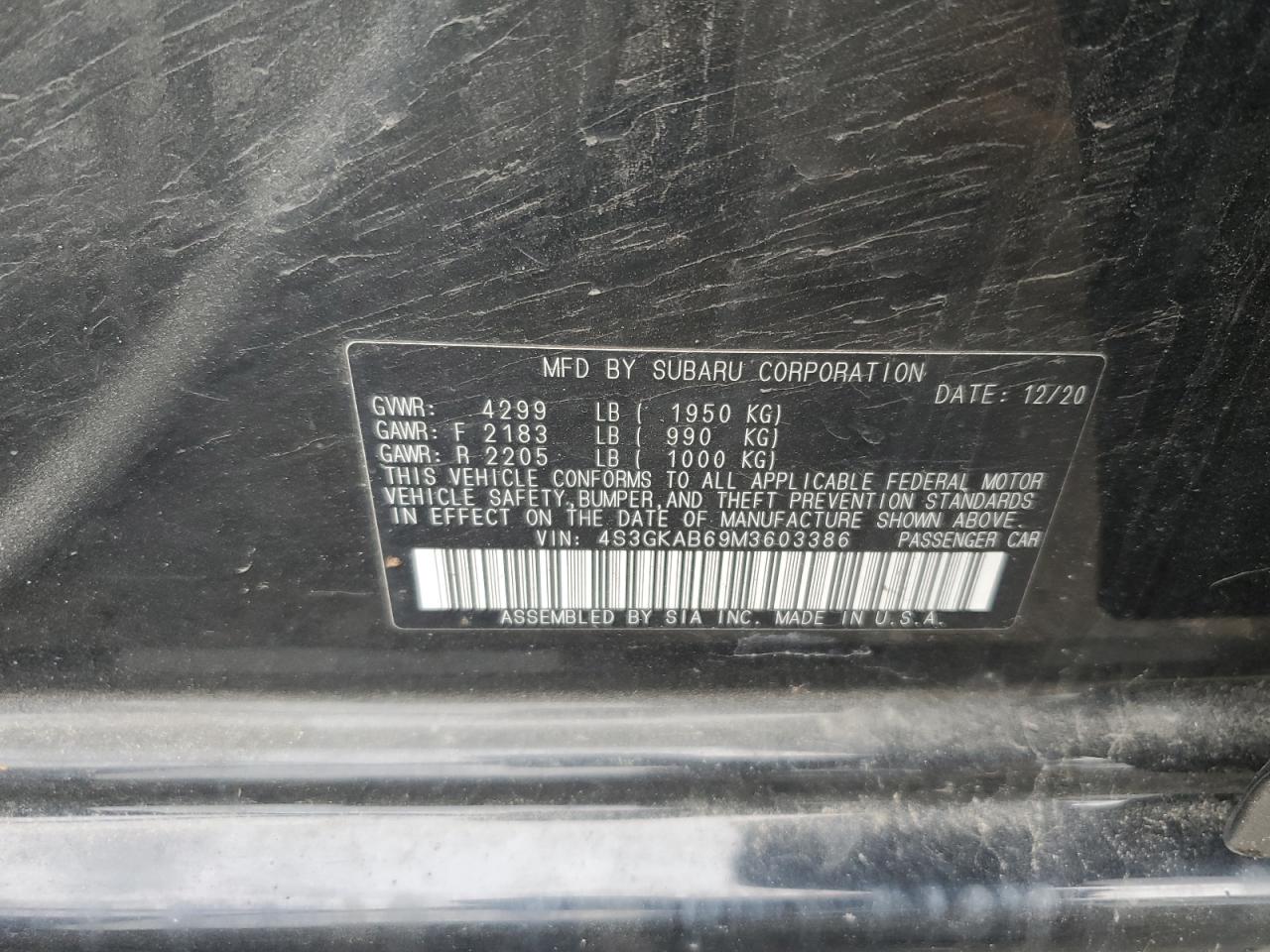 2021 Subaru Impreza VIN: 4S3GKAB69M3603386 Lot: 56720605