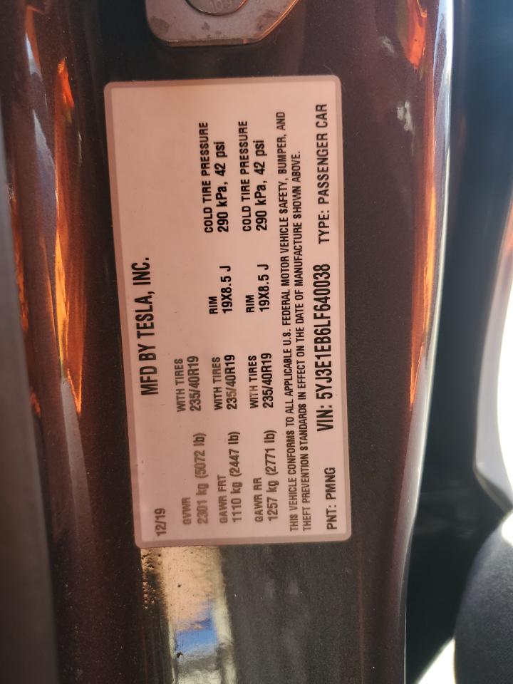 2020 Tesla Model 3 VIN: 5YJ3E1EB6LF640038 Lot: 56969315
