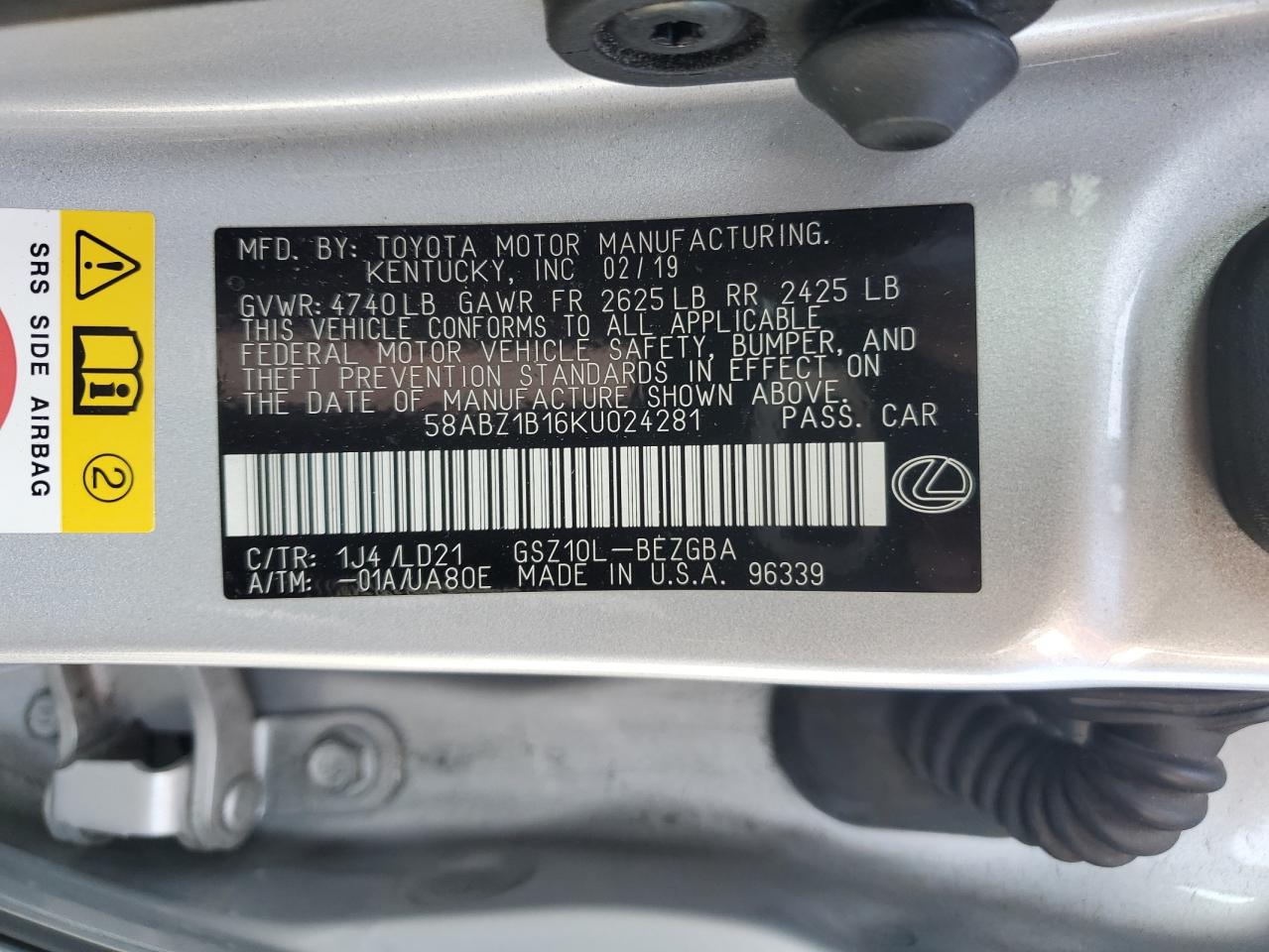2019 Lexus Es 350 VIN: 58ABZ1B16KU024281 Lot: 57406825