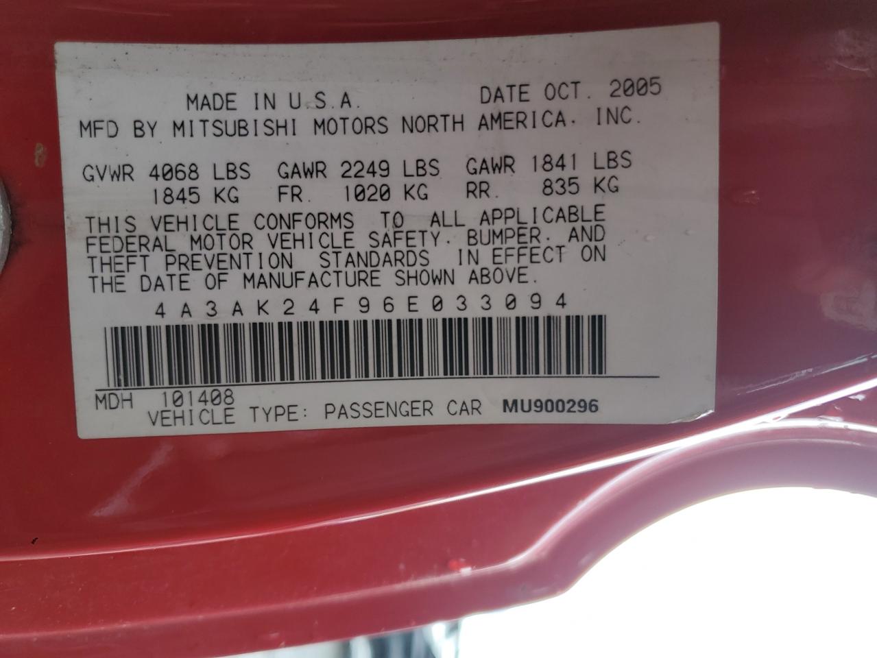 2006 Mitsubishi Eclipse Gs VIN: 4A3AK24F96E033094 Lot: 56677295