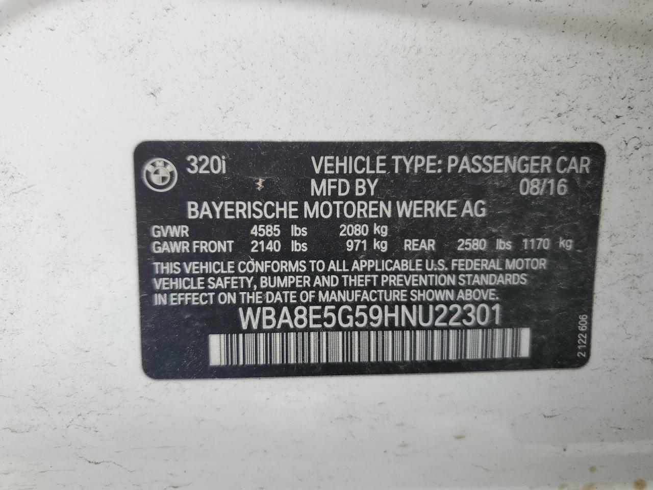 2017 BMW 320 Xi VIN: WBA8E5G59HNU22301 Lot: 56942365