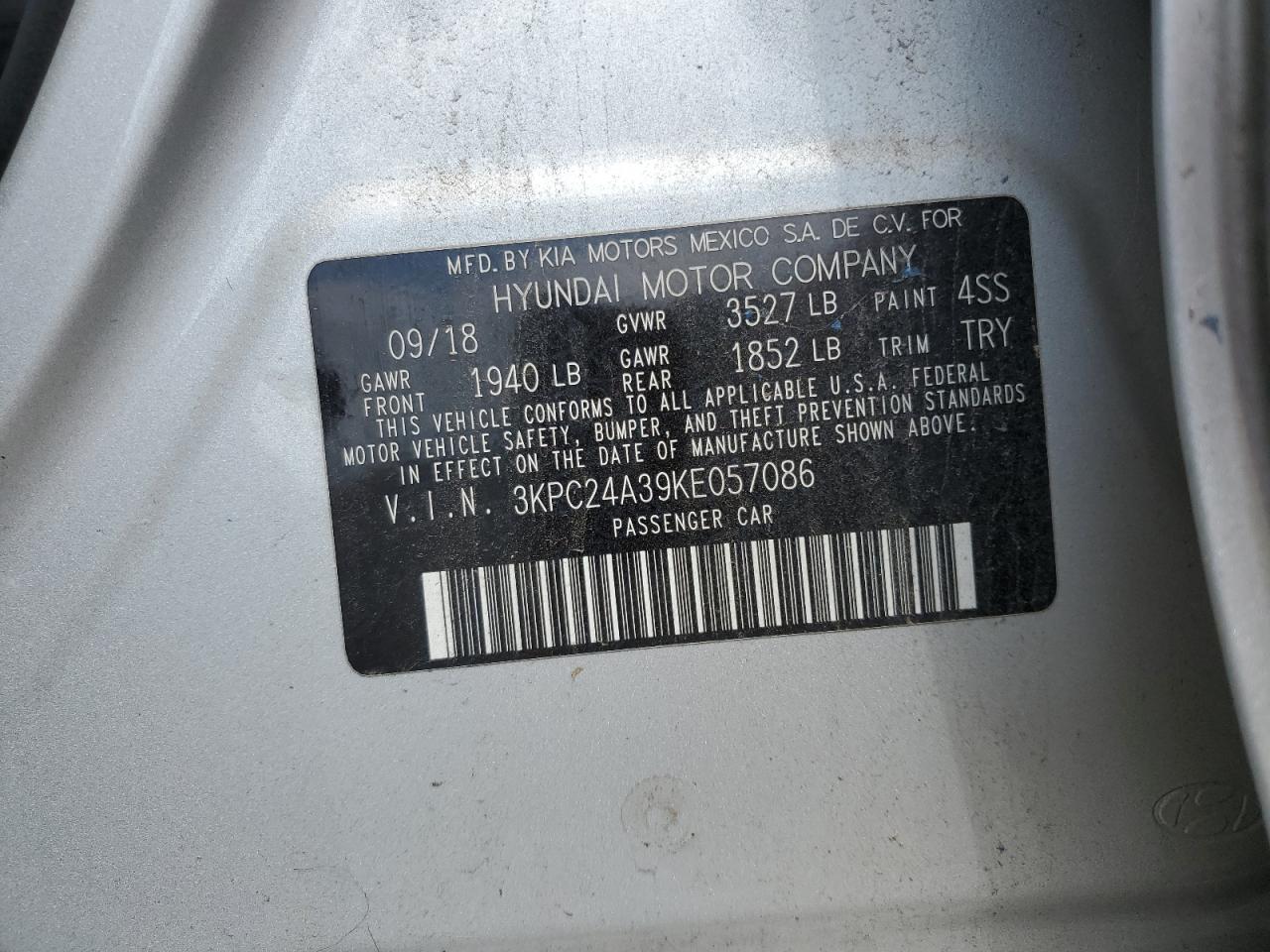 2019 Hyundai Accent Se VIN: 3KPC24A39KE057086 Lot: 56008865