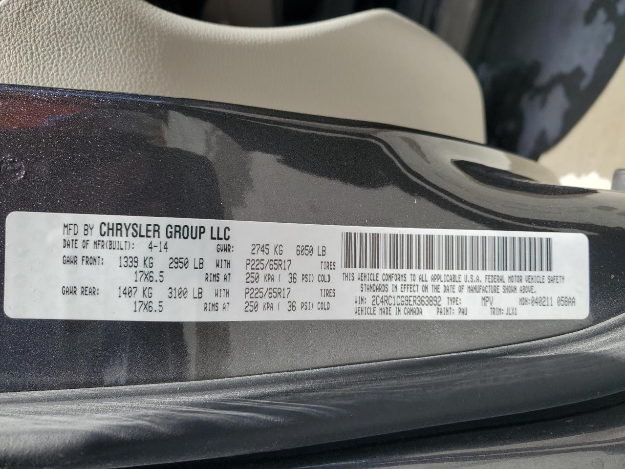 2014 Chrysler Town & Country Touring L VIN: 2C4RC1CG9ER363892 Lot: 55944445