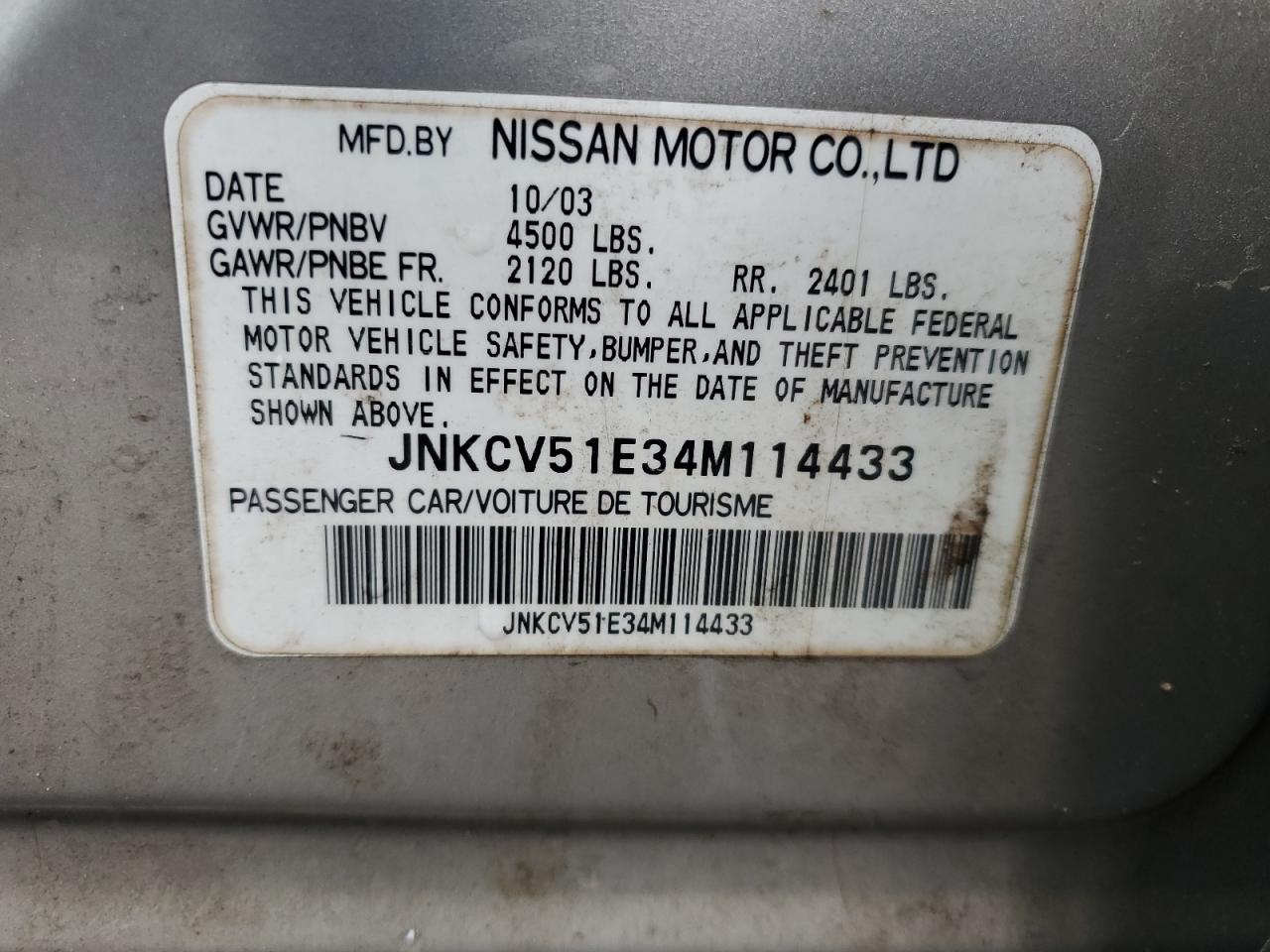 2004 Infiniti G35 VIN: JNKCV51E34M114433 Lot: 54259625