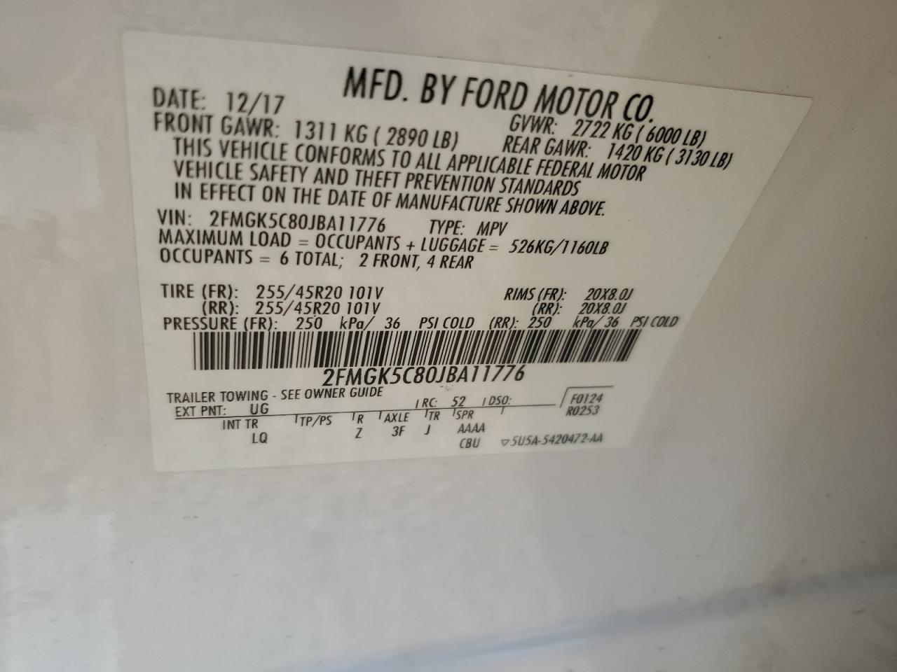 2018 Ford Flex Sel VIN: 2FMGK5C80JBA11776 Lot: 58189595