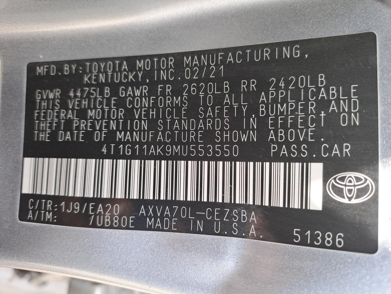 4T1G11AK9MU553550 - 2001 Toyota Camry - #57005015