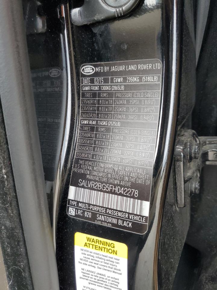 2015 Land Rover Range Rover Evoque Pure Premium VIN: SALVR2BG5FH042278 Lot: 55684115