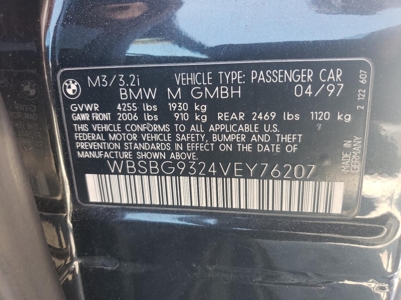 1997 BMW M3 VIN: WBSBG9324VEY76207 Lot: 56080765