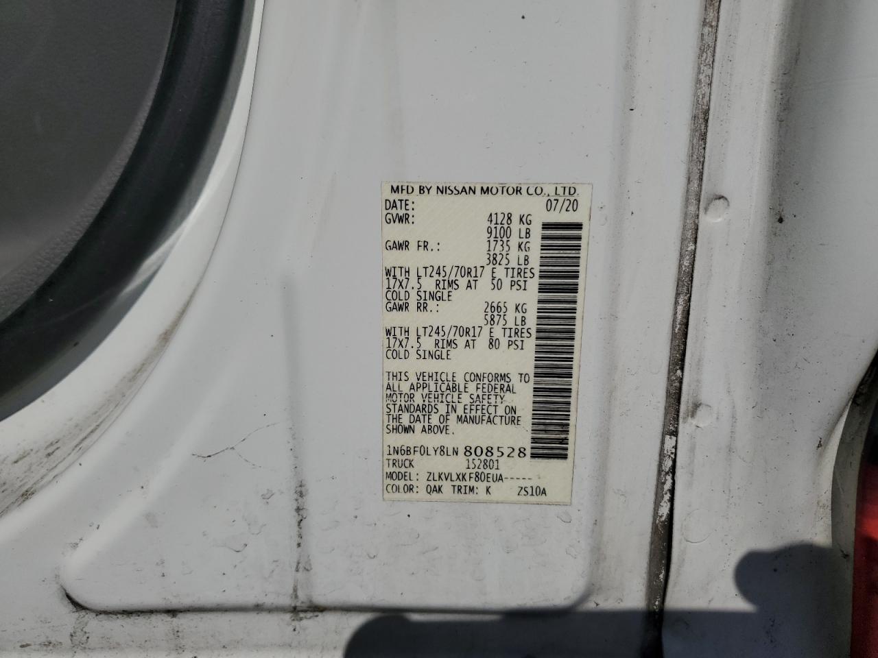 2020 Nissan Nv 2500 S VIN: 1N6BF0LY8LN808528 Lot: 57437995